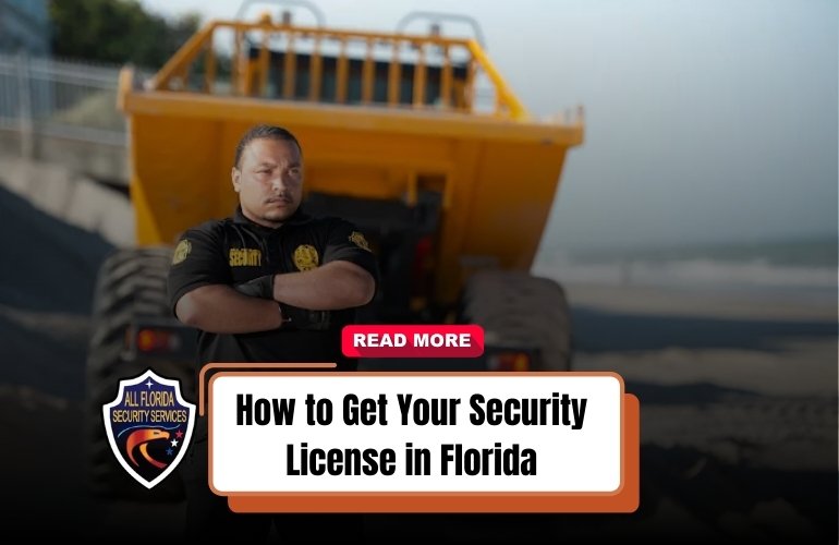 Florida security guard in front of construction vehicle promoting how to get security license guide