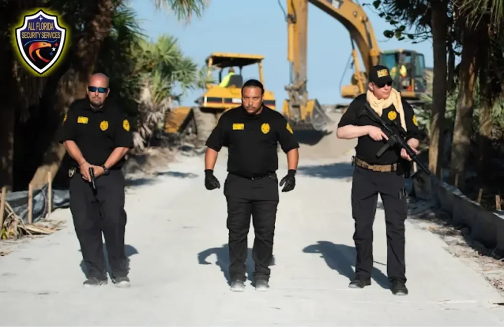 Professional security guard patrol team protecting construction site in Florida